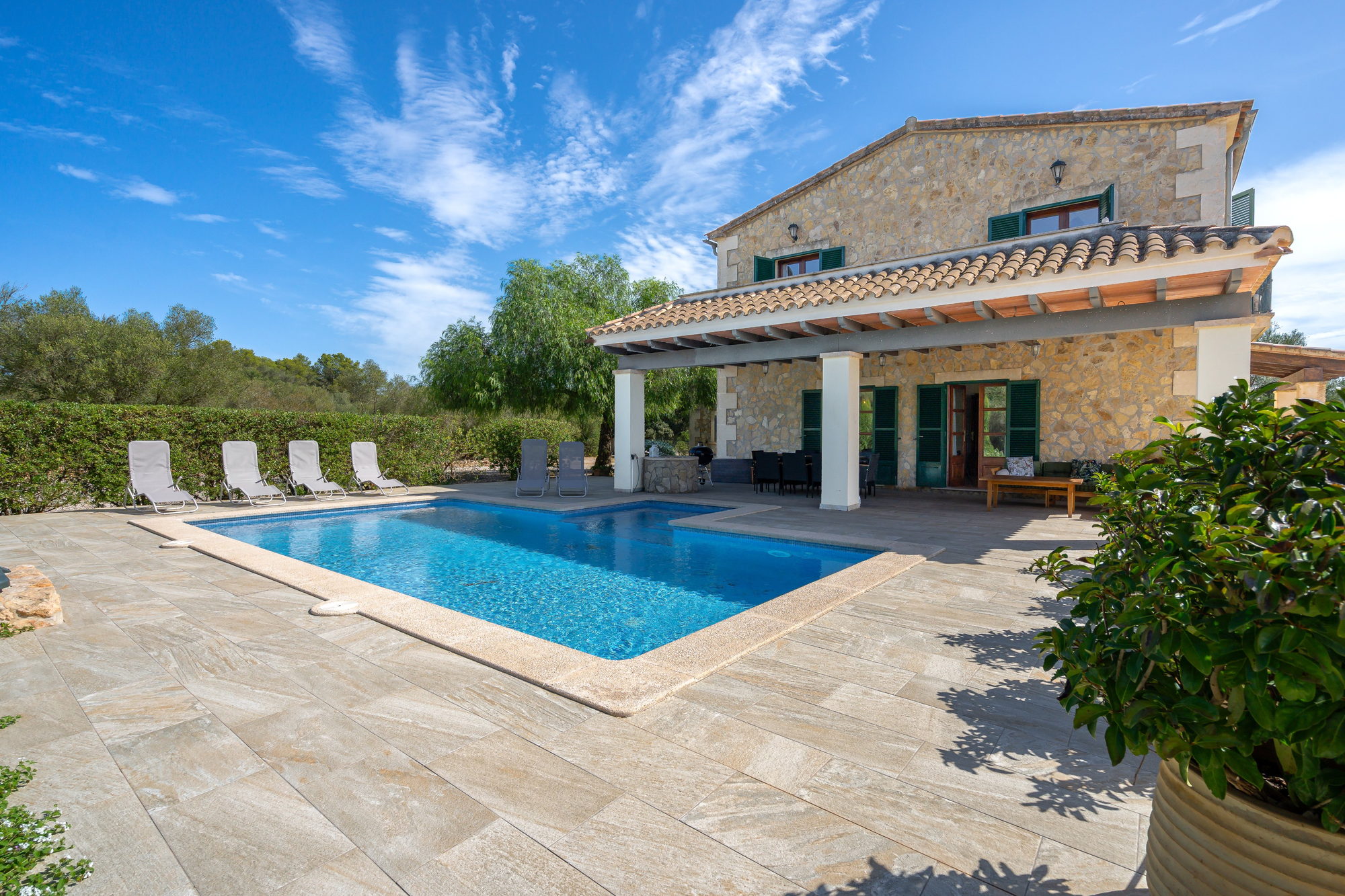 Saltwater pool, loungers, barbecue and the house
