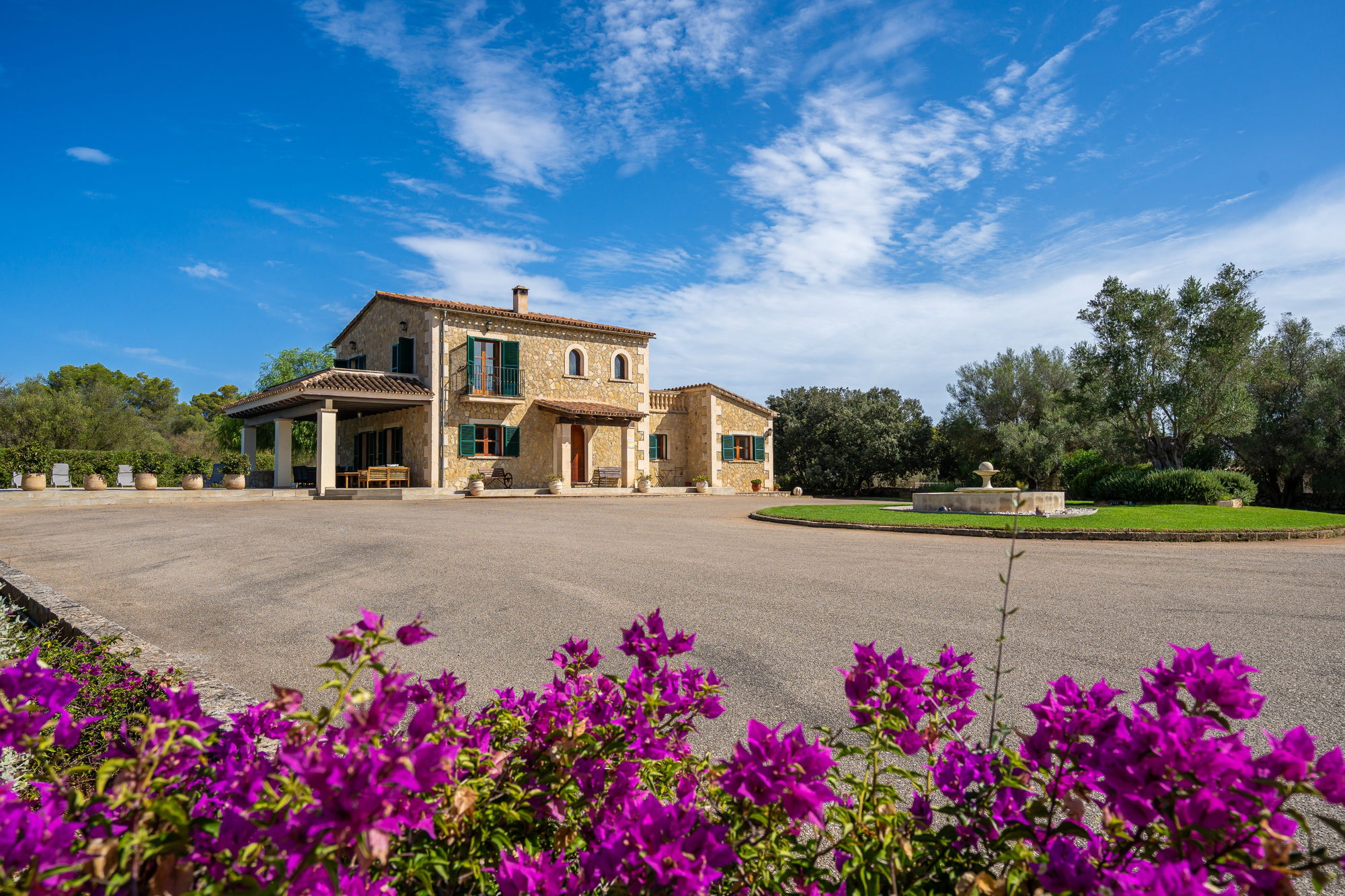 The house from the drive, bougainvillea in the foreground